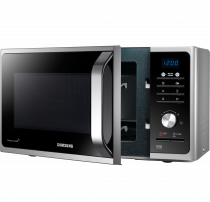 MWF300G Solo MWO with Healthy Cooking, 23 L Silver (Front right view of a silver Samsung Solo Microwave oven (23L model) with Healthy Cooking with the door open)
