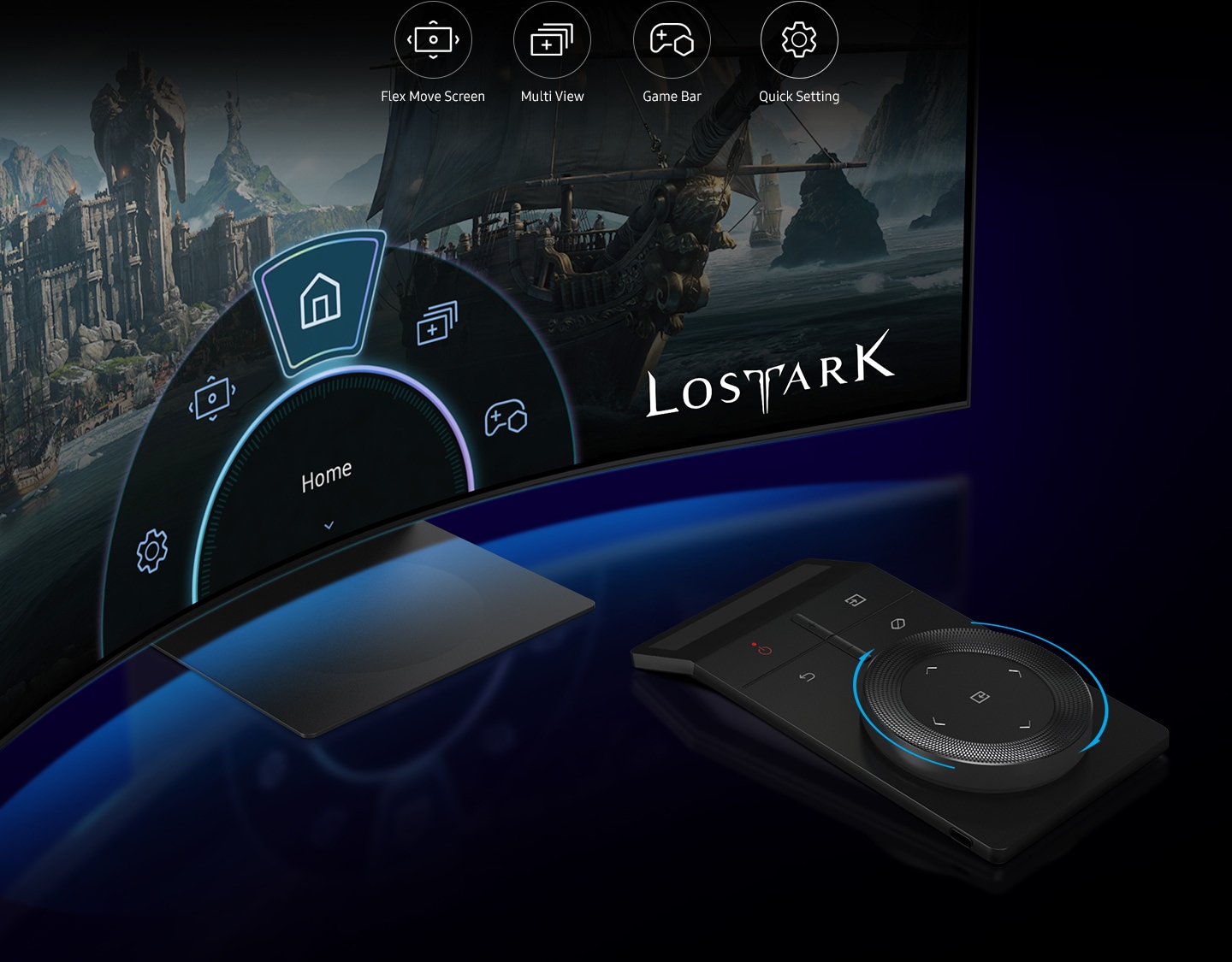 The monitor screen displays the Ark Dial toolbar, with the Ark Dial placed in front of the monitor turning focus of toolbar from home to Flex Move Screen, and to Multi view. Four logos - Flex Move Screen, Multi View, Game Bar, Quick Settings - are placed on the upper side of the screen.