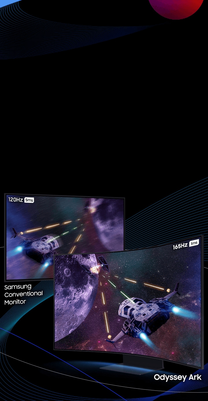 Two rocket ships are flying away firing missiles at the same planet. The screen is split diagonally with the left side showing 120Hz refresh rate and 5ms response time compared to the right side which shows 165Hz refresh rate and 1ms response time, demonstrating the difference between a conventional monitor and Odyssey Ark.