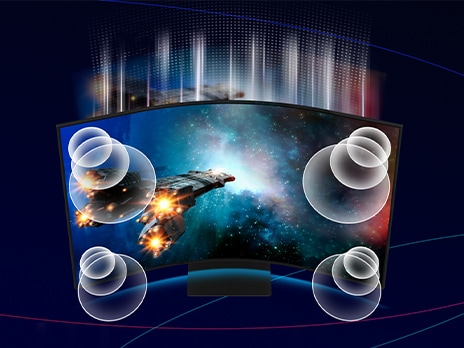 A monitor screen is shown with a multi-colored light beam trailing behind. A rocket ship with flames emitting from the rear is flying through space. Sound is being emitted from each corner of the screen.