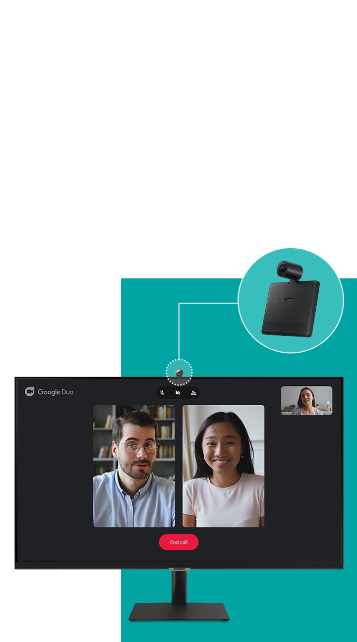 The monitor now has a circular camera attached to its top. On the screen shows the interface of the Google Duo chat application with four other users participating in a video call.